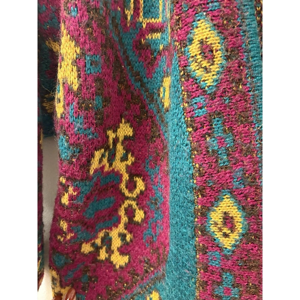 VTG IRKA Jacquard 1980s Wool Blend Floral Open Cardigan Sweater Sz L Art Ro Wear